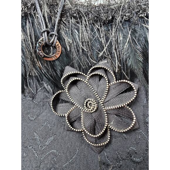 HANDMADE Black Fringe Floral Flower Pocketbook Handbag Purse NEW Signed GIFT - Picture 6 of 9